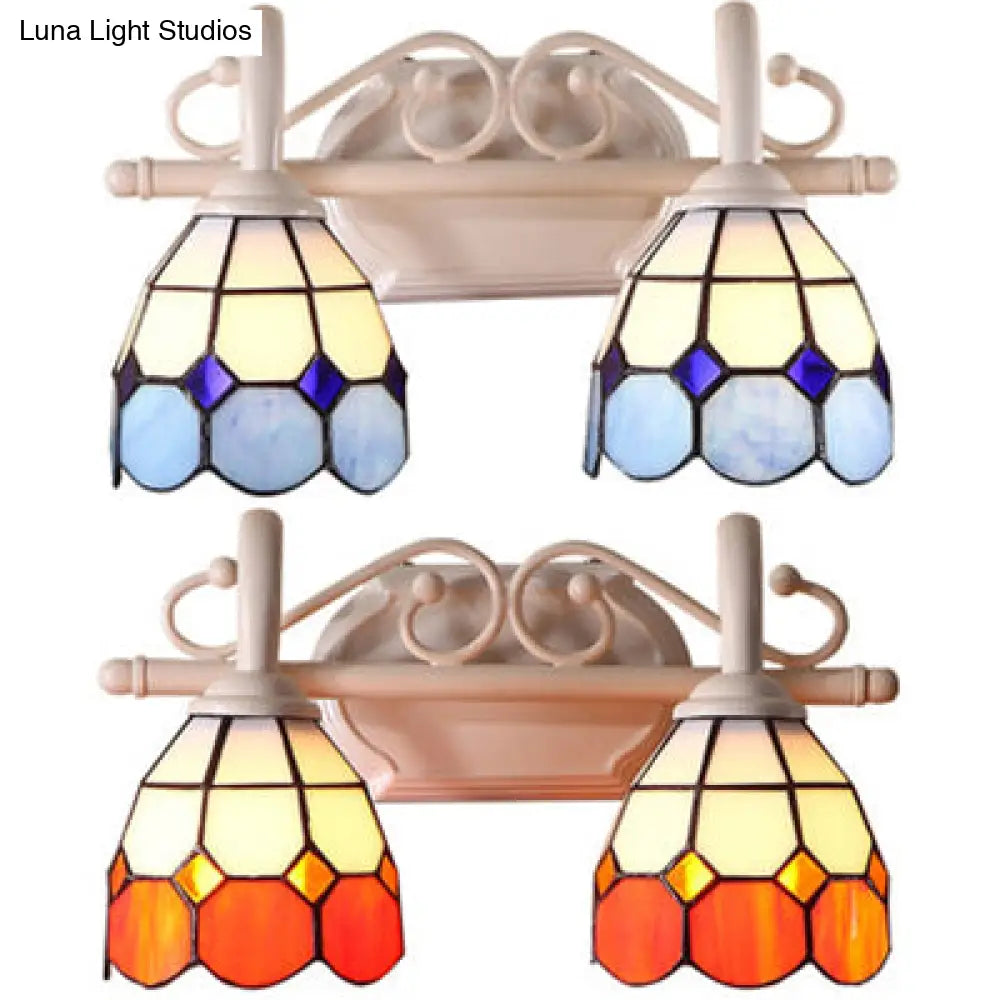 Dome Double Wall Sconce - Curved Arm Stained Glass Traditional Lighting (Blue/Orange)