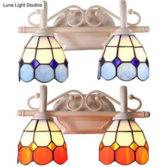 Dome Double Wall Sconce - Curved Arm Stained Glass Traditional Lighting (Blue/Orange)