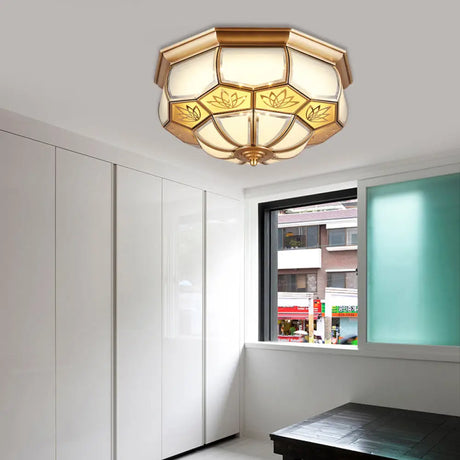 Dome Flush Mount Led Brass Ceiling Light Opal Glass Colonial Style - 13/21 Width