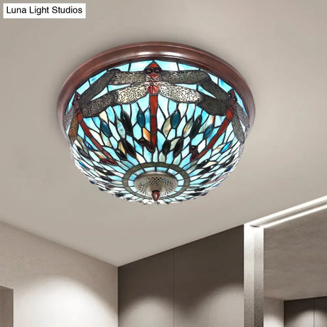 Dome Flush Mount Light: Blue/Red Tiffany Stained Glass Led Ceiling Lamp With Dragonfly Pattern