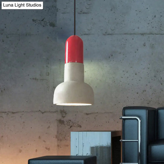 Dome Industrial Cement Pendant Light Fixture - Grey With Red/Black/Wood Accents