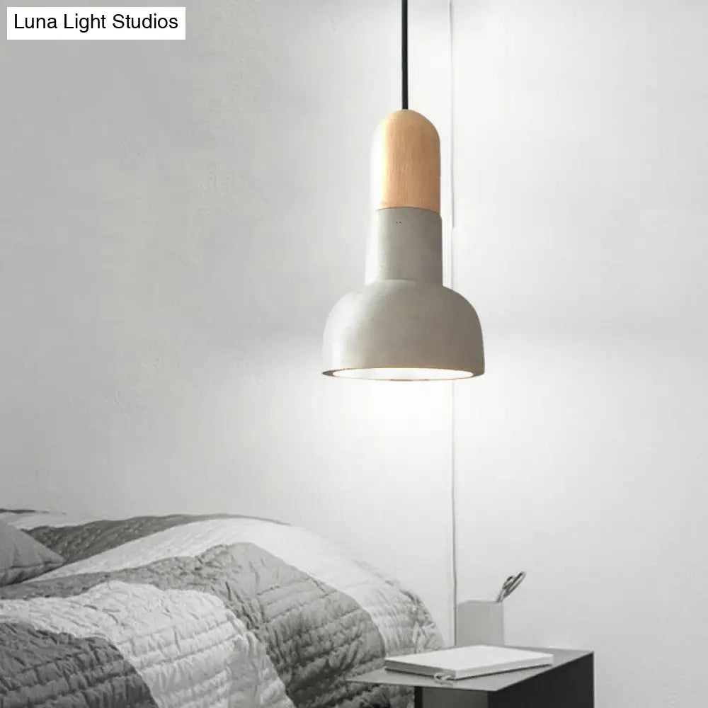 Dome Industrial Cement Pendant Light Fixture - 1 Grey With Red/Black/Wood Accent Ideal For