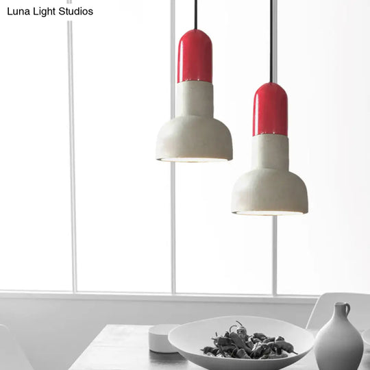 Dome Industrial Cement Pendant Light Fixture - Grey With Red/Black/Wood Accents
