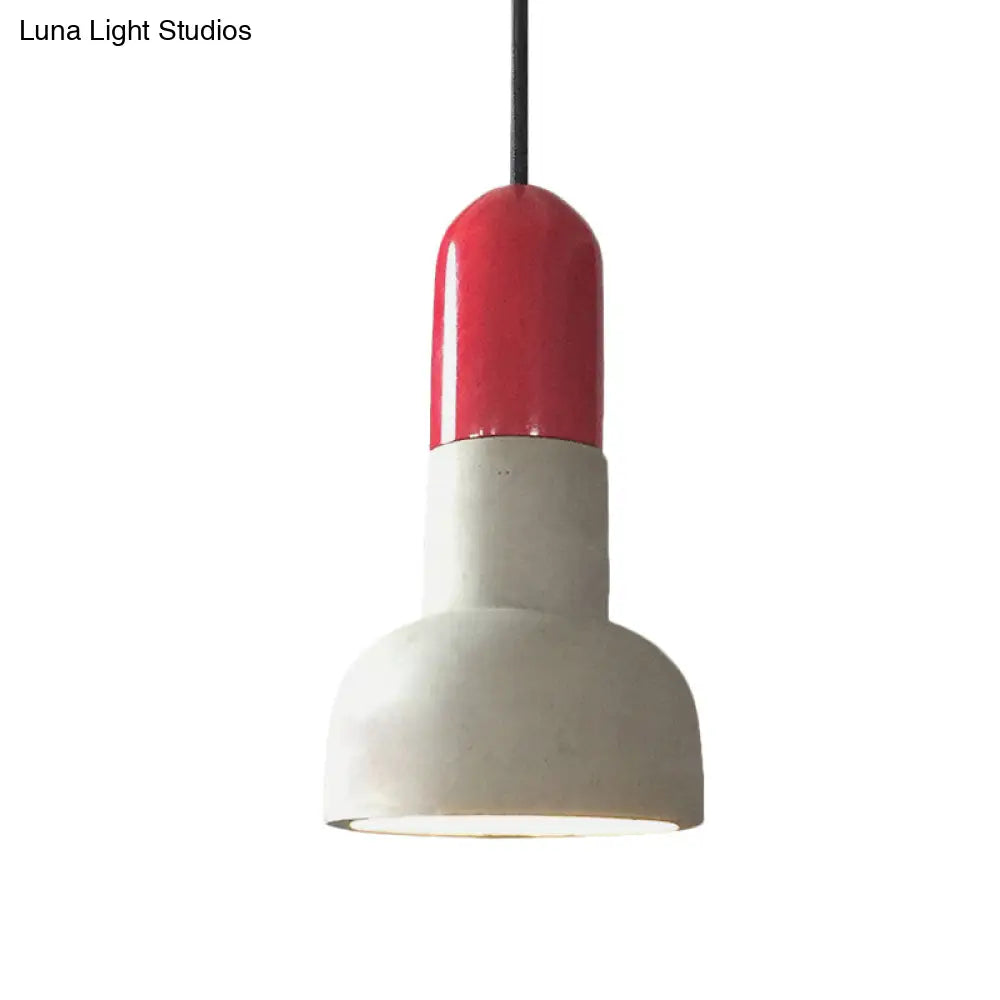Dome Industrial Cement Pendant Light Fixture - 1 Grey With Red/Black/Wood Accent Ideal For