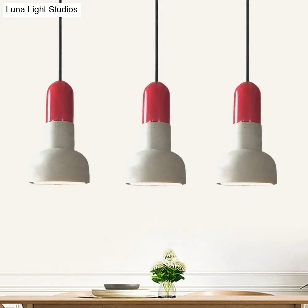 Dome Industrial Cement Pendant Light Fixture - 1 Grey With Red/Black/Wood Accent Ideal For