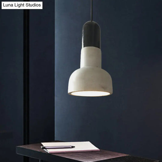 Dome Industrial Cement Pendant Light Fixture - 1 Grey With Red/Black/Wood Accent Ideal For