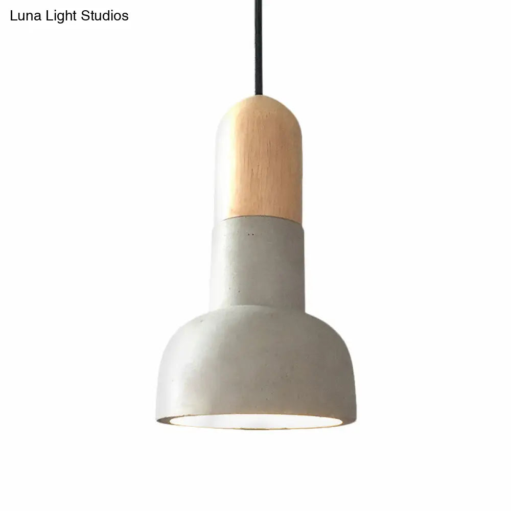Dome Industrial Cement Pendant Light Fixture - 1 Grey With Red/Black/Wood Accent Ideal For