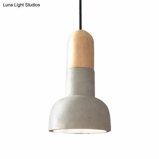 Dome Industrial Cement Pendant Light Fixture - 1 Grey With Red/Black/Wood Accent Ideal For