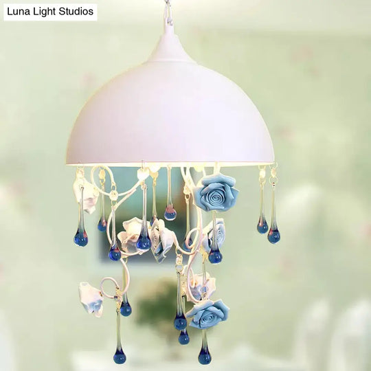 Modern White Dome Iron Pendant Chandelier With Rose & Crystal Accent - 3 Lights Living Room Drop