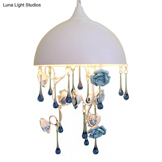 Modern White Dome Iron Pendant Chandelier With Rose & Crystal Accent - 3 Lights Living Room Drop