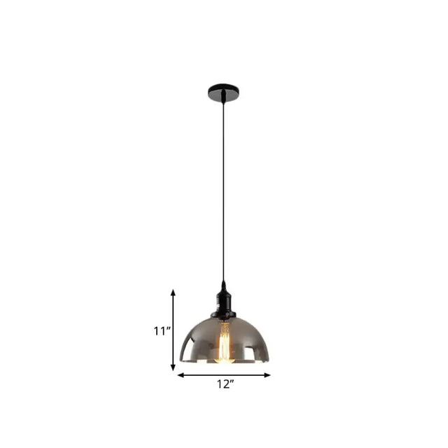 Industrial Dome Pendant Lighting - Smoked Glass Hanging Lamp 1-Light 10/12 Width Black