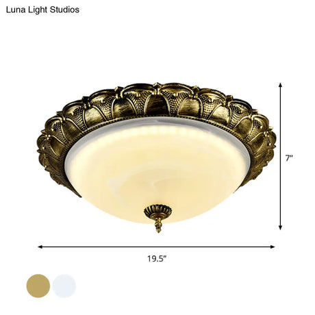 Dome Shape Hallway Flush Mount Lighting In Vintage Frosted Glass White/Brass Led - Warm/White Light
