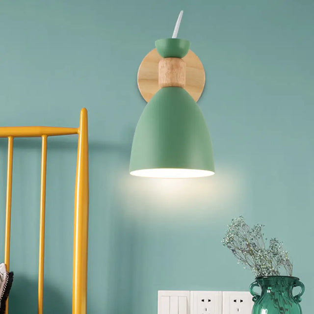 Dome-Shaped Metallic & Wooden Macaroon Wall Sconce Light For Kids Bedroom Green