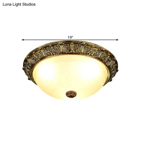 Dome Shaped Rustic Flush Mount Lighting With Opaline Glass In White/Brass - Available