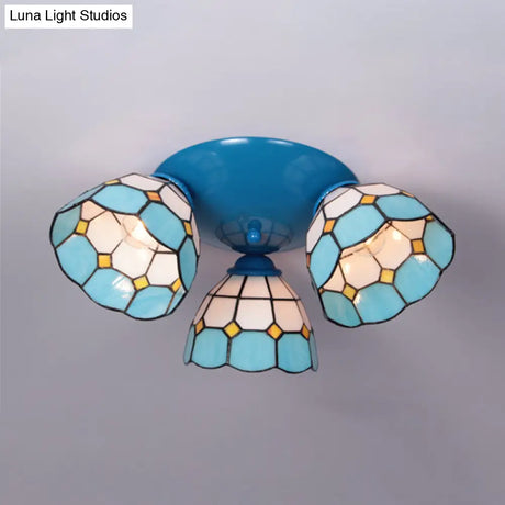 Dome-Shaped Stained Glass Ceiling Light With 3 Lights - Tiffany Style (Blue/Black Finish)