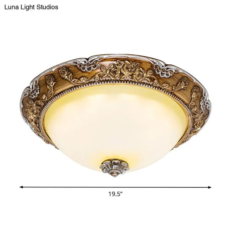 Dome Tan Glass Shade Flush Ceiling Light Fixture Led Bedroom Lamp In Brown - Traditional Style