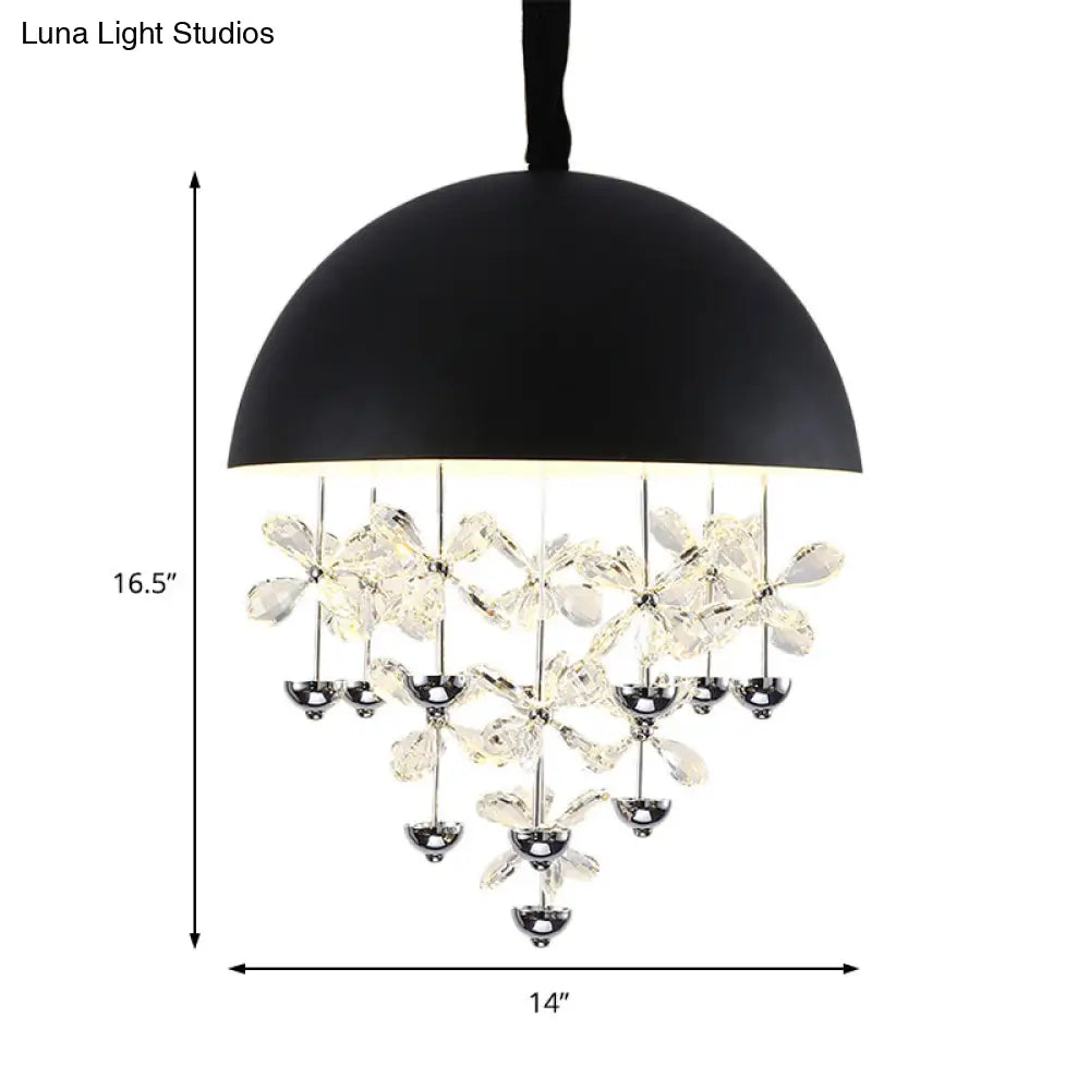 Modern Metal Pendant Light With Crystal Flower Deco - 6/10 Lights Domed Design Black/White