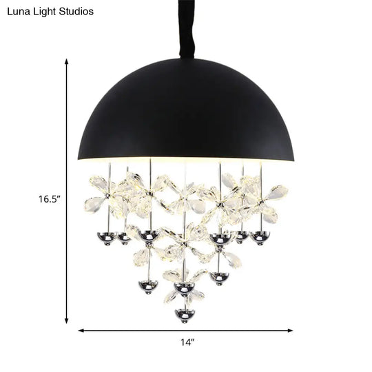 Modern Metal Pendant Light With Crystal Flower Deco - 6/10 Lights Domed Design Black/White