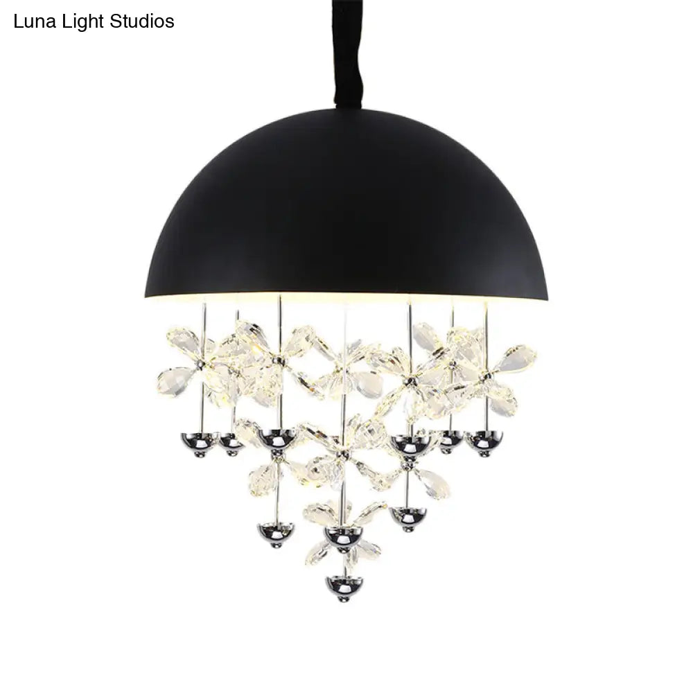 Modern Metal Pendant Light With Crystal Flower Deco - 6/10 Lights Domed Design Black/White