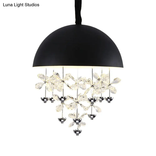 Modern Metal Pendant Light With Crystal Flower Deco - 6/10 Lights Domed Design Black/White