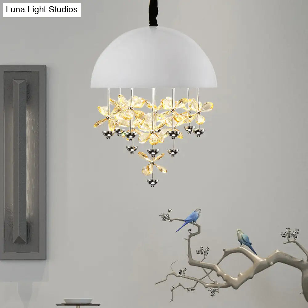 Modern Metal Pendant Light With Crystal Flower Deco - 6/10 Lights Domed Design Black/White White /