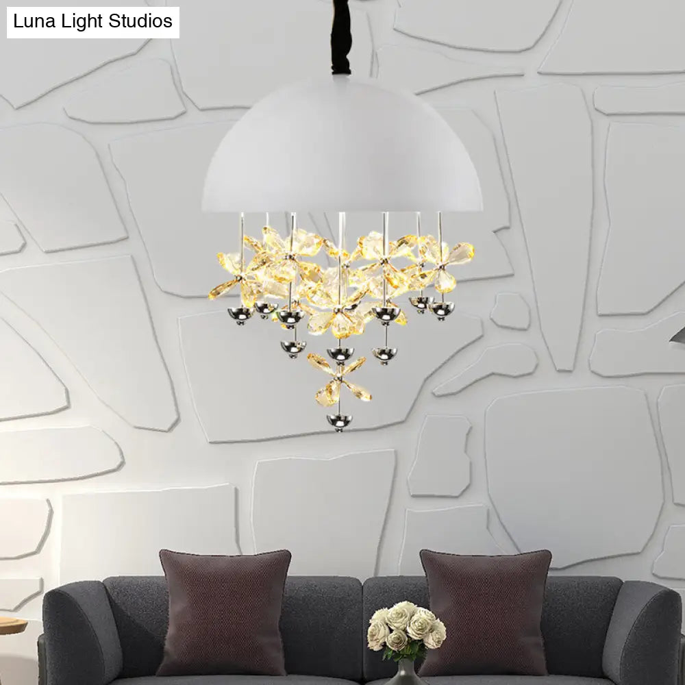 Modern Metal Pendant Light With Crystal Flower Deco - 6/10 Lights Domed Design Black/White White /