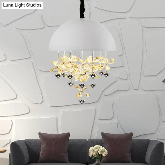 Modern Metal Pendant Light With Crystal Flower Deco - 6/10 Lights Domed Design Black/White White /