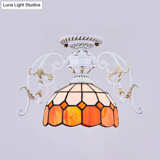 Domed Semi Flush Grid Stained Glass Ceiling Light - Black/White White / B