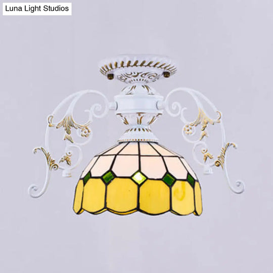 Domed Semi Flush Grid Stained Glass Ceiling Light - Black/White White / A