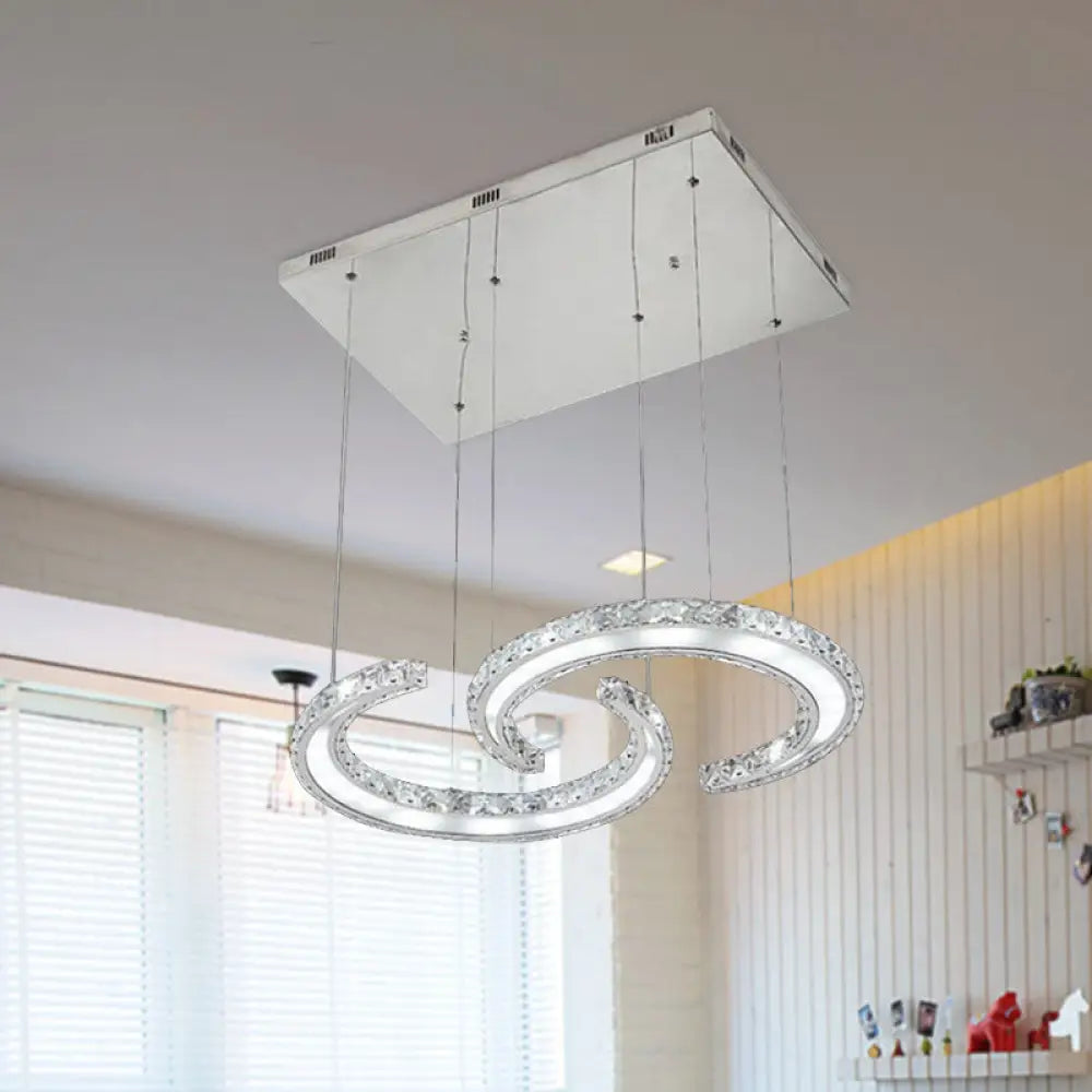 Double C-Shape Suspension Pendant Led Chandelier With K9 Crystal And Chrome Finish In Warm/White/3