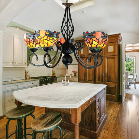 Dragonfly 5-Light Stained Glass Chandelier: Rustic Pendant Lamp For Bedroom Orange