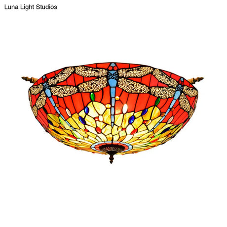 Dragonfly Ceiling Tiffany Brass Stained Glass Flush Mount Light - 5 Lights 21.5’/25.5’ Width