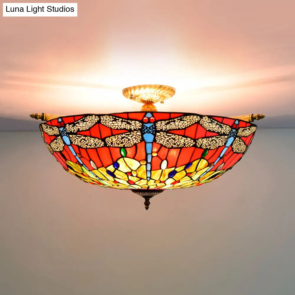 Dragonfly Stained Glass Semi Flush Mount Light - Tiffany Brass Finish 5 Lights 21.5/25.5 Width