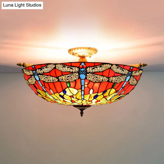 Dragonfly Stained Glass Semi Flush Mount Light - Tiffany Brass Finish 5 Lights 21.5/25.5 Width