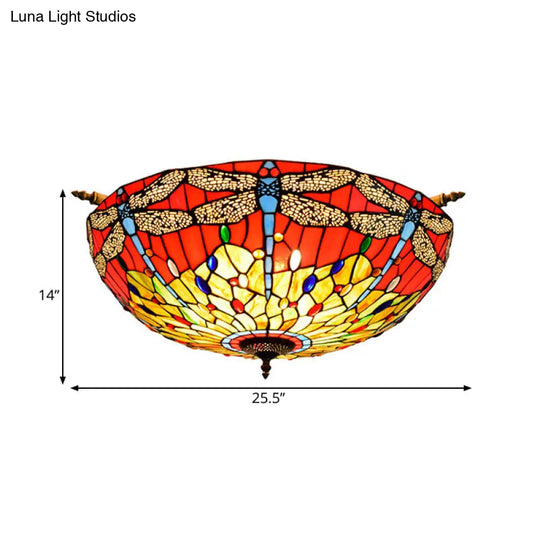 Dragonfly Stained Glass Semi Flush Mount Light - Tiffany Brass Finish 5 Lights 21.5/25.5 Width