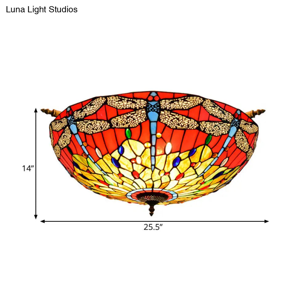 Dragonfly Ceiling Tiffany Brass Stained Glass Flush Mount Light - 5 Lights 21.5’/25.5’ Width