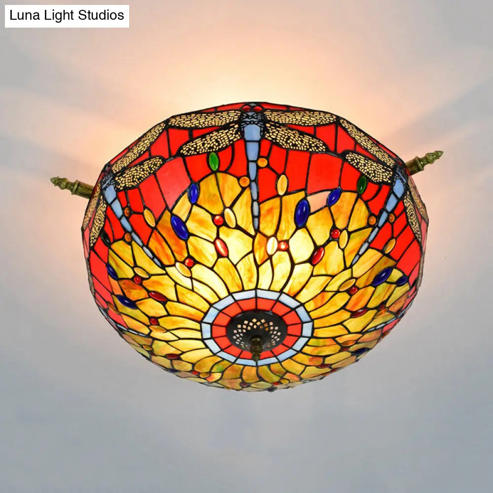 Dragonfly Stained Glass Semi Flush Mount Light - Tiffany Brass Finish 5 Lights 21.5/25.5 Width /
