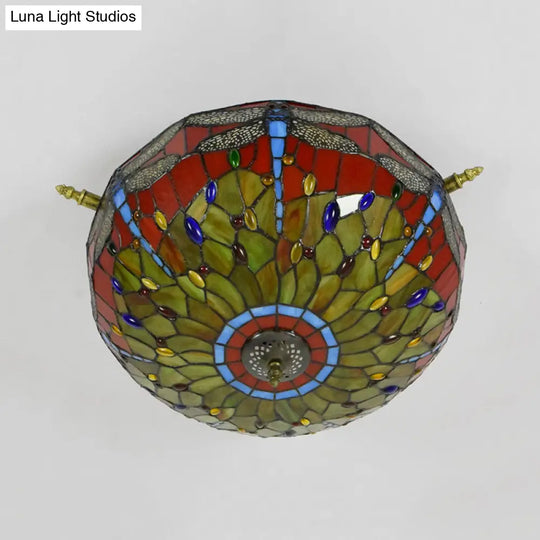 Dragonfly Ceiling Tiffany Brass Stained Glass Flush Mount Light - 5 Lights 21.5’/25.5’ Width