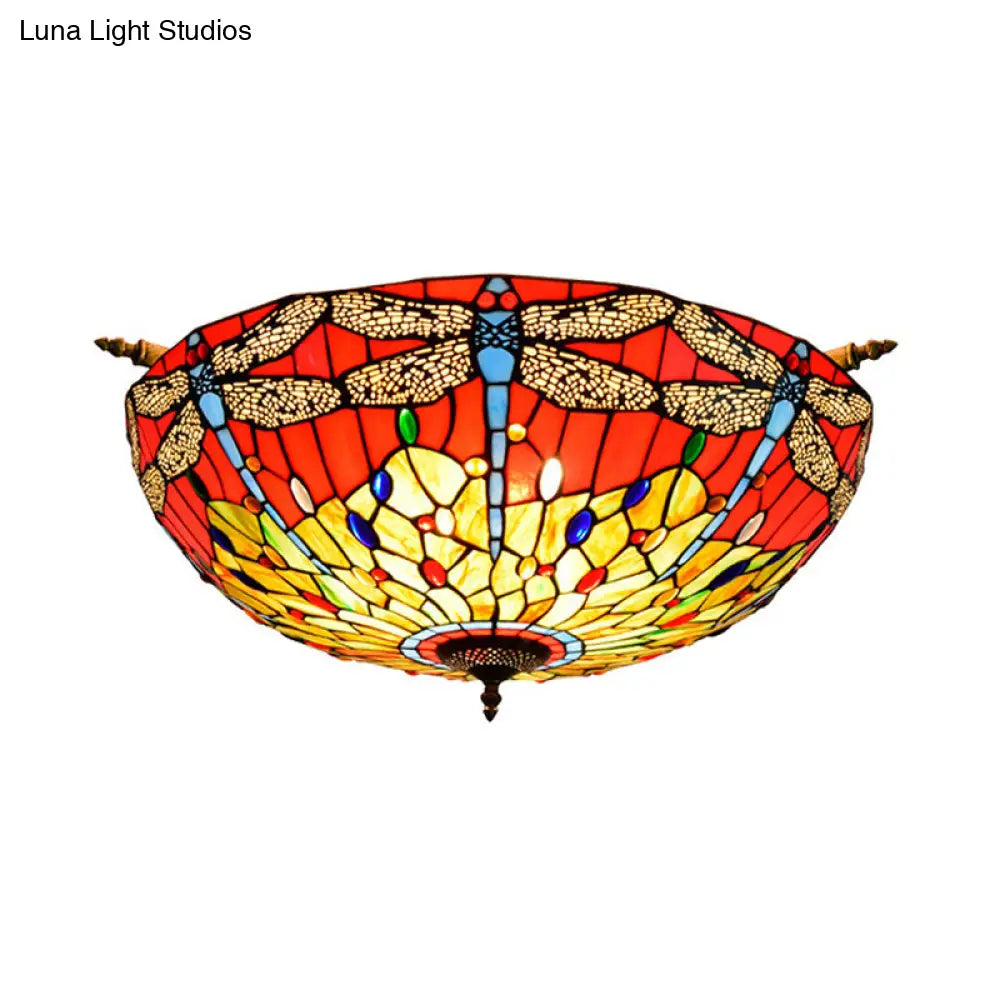Dragonfly Ceiling Tiffany Brass Stained Glass Flush Mount Light - 5 Lights 21.5’/25.5’ Width