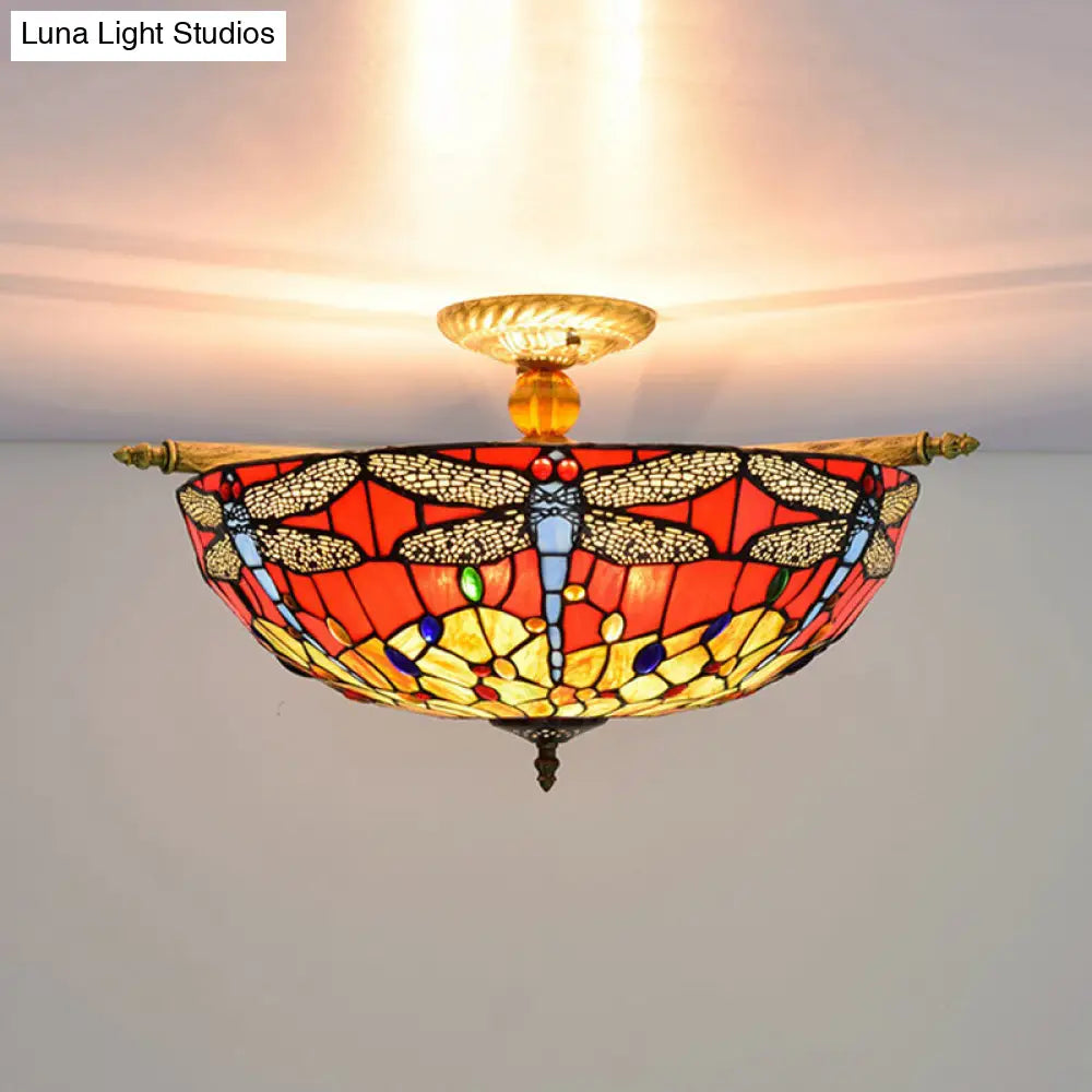 Dragonfly Stained Glass Semi Flush Mount Light - Tiffany Brass Finish 5 Lights 21.5/25.5 Width