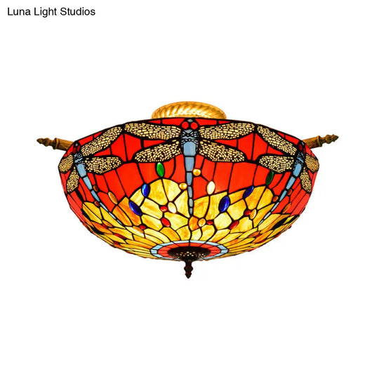 Dragonfly Ceiling Tiffany Brass Stained Glass Flush Mount Light - 5 Lights 21.5’/25.5’ Width