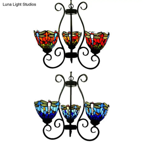 Dragonfly Chandelier Pendant Light - Stained Glass Loft Lighting In Red/Blue For Living Room