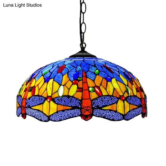 Dragonfly Chandelier Pendant - Mediterranean Blue/Green Stained Glass Kitchen Lighting 1/2 Lights 2