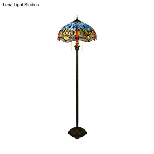 Dragonfly Stained Art Glass Tiffany Floor Lamp - 2 Heads Blue With Pull Chain