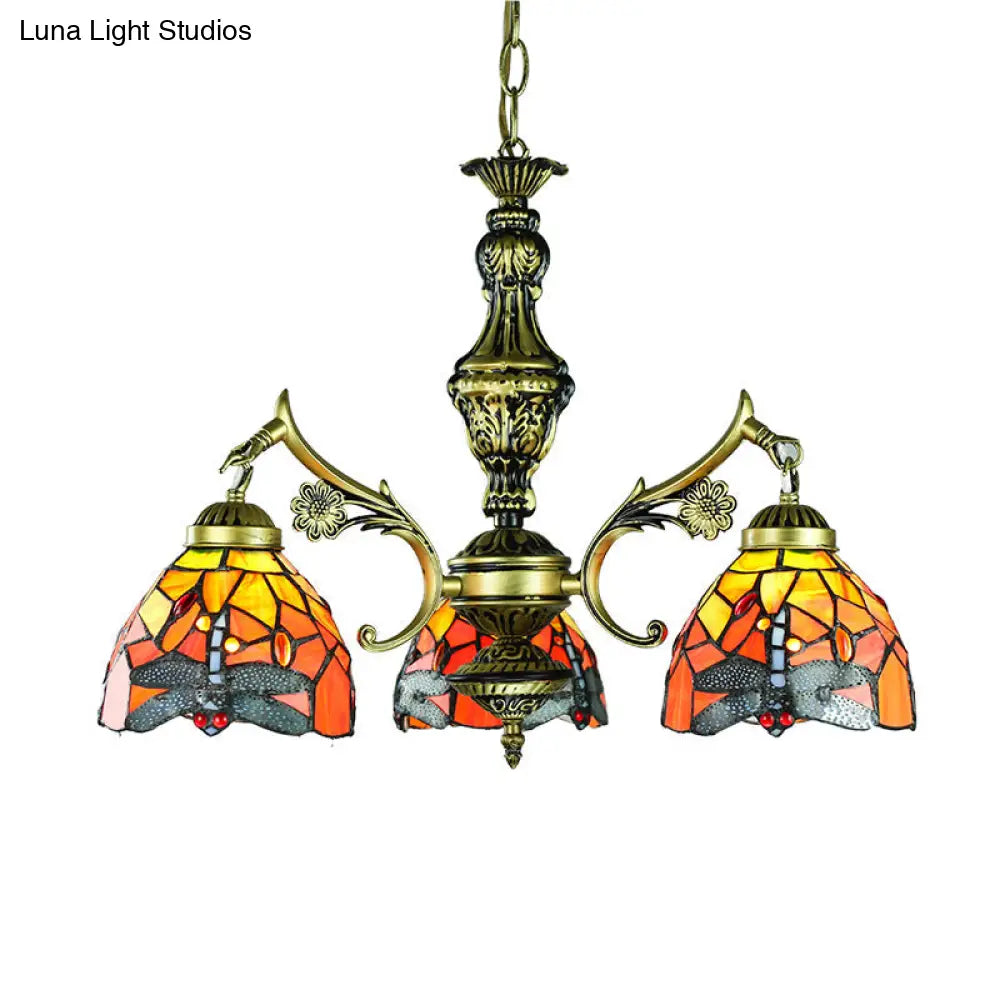 Dragonfly Stained Glass Chandelier With 3 Pendant Lights For Dining Room