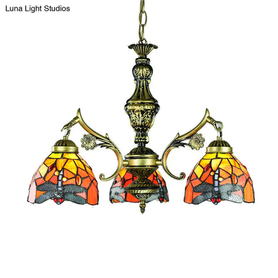 Dragonfly Stained Glass Chandelier With 3 Pendant Lights For Dining Room