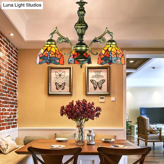 Dragonfly Stained Glass Chandelier With 3 Pendant Lights For Dining Room