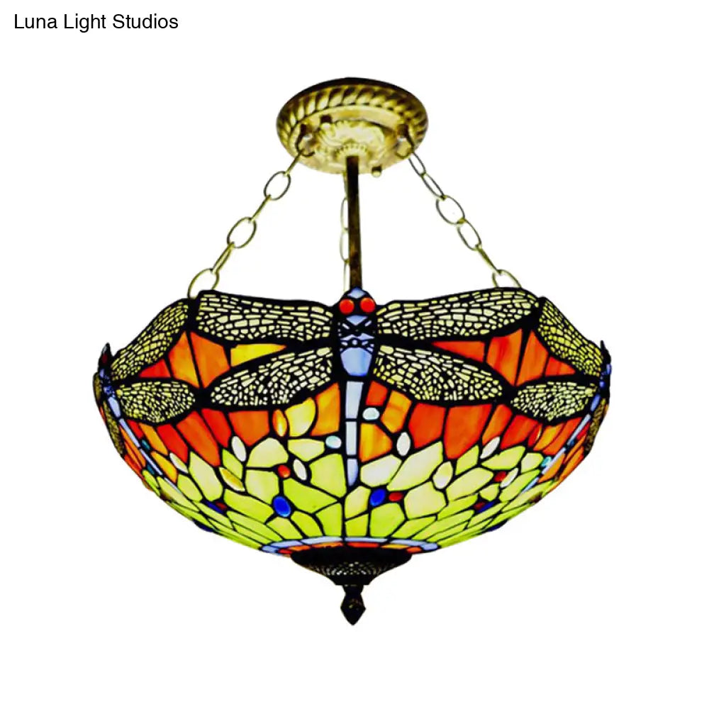 Dragonfly Stained Glass Tiffany Ceiling Light Rustic Orange/Yellow - Perfect For Cloth Shops