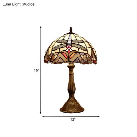 Dragonfly Table Light: Baroque 1-Light Stained Glass Night Lamp In Bronze With Bowl Shade