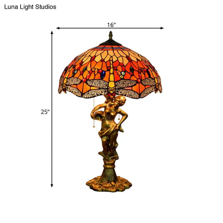 Dragonfly Tiffany Nightstand Lamp - 3-Light Glass Table Light In Yellow/Orange/Blue With Pull Chain